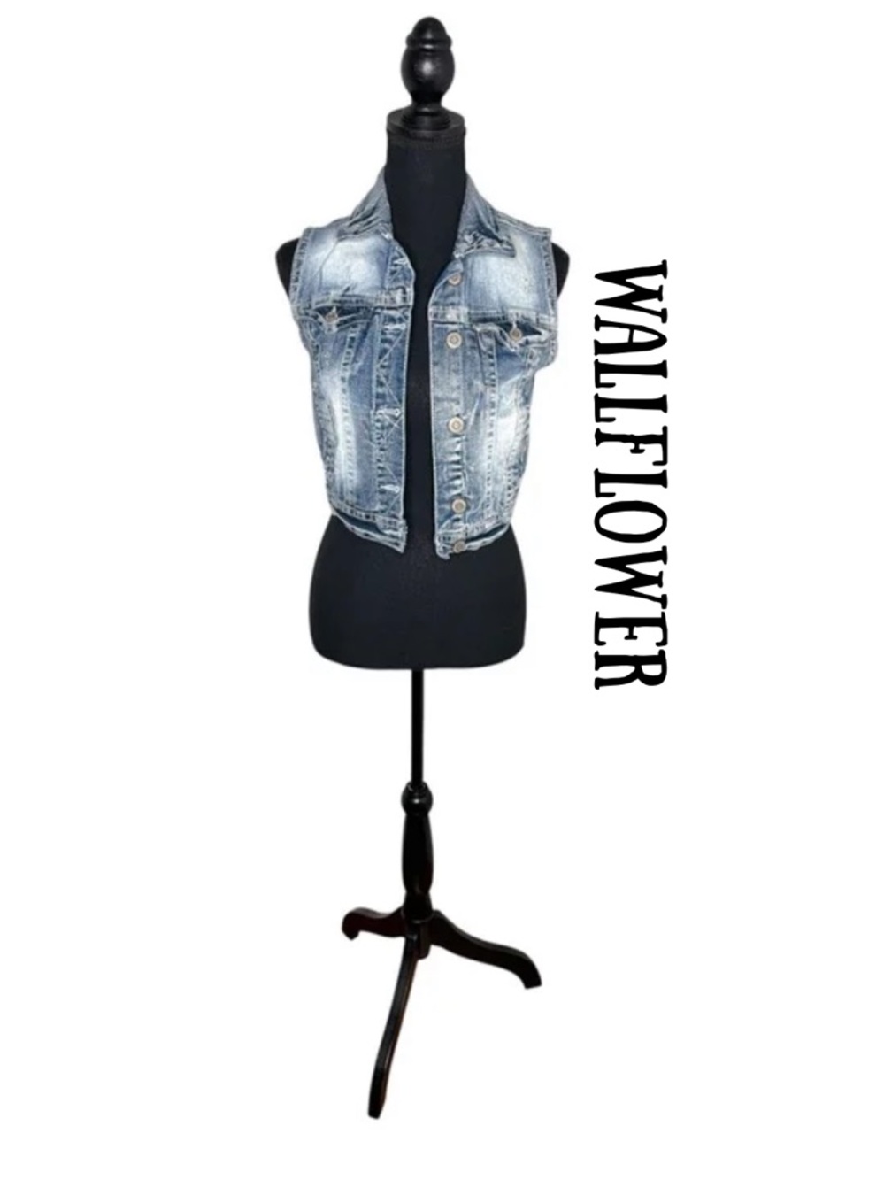 Wallflower Denim Vest Womens Sz S Distressed Med Wash Jacket Boho Festival
